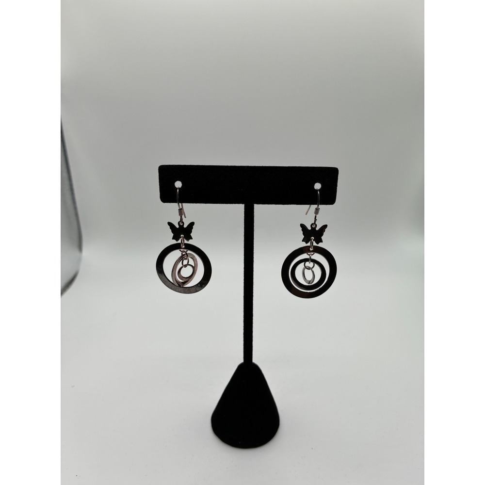 Signed 925 Sterling Silver Butterfly Concentric Circle Dangle Earrings‎